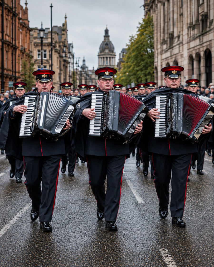 Accordion Rain Cape on marching band — Mister Antony