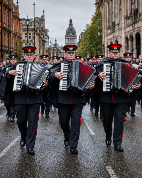 Accordion Rain Cape on marching band — Mister Antony