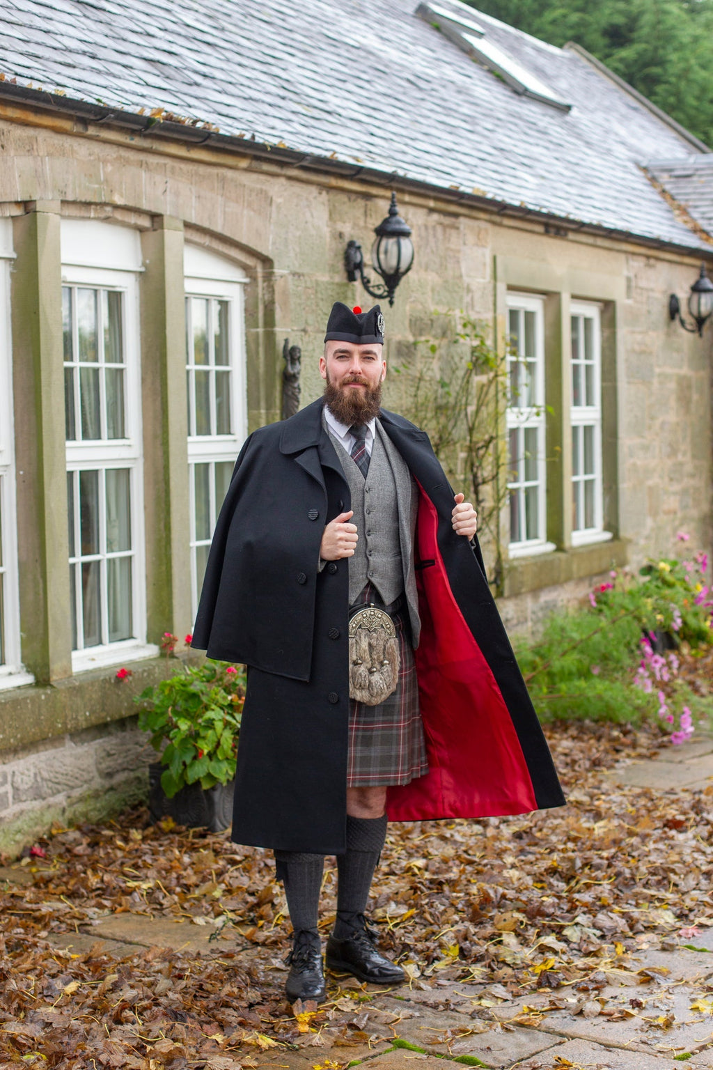 Black barathea wool Inverness cape, front view