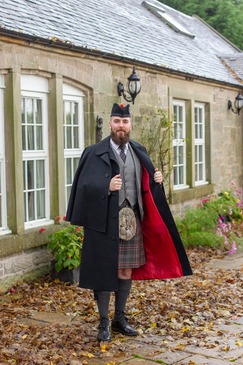 Black barathea wool Inverness cape, front view