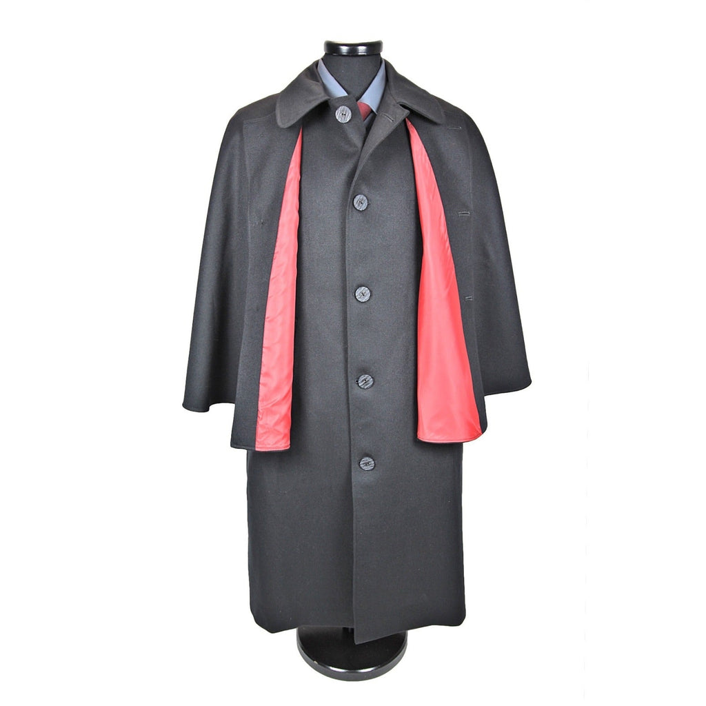 Black barathea wool Inverness cape, red satin lining detail