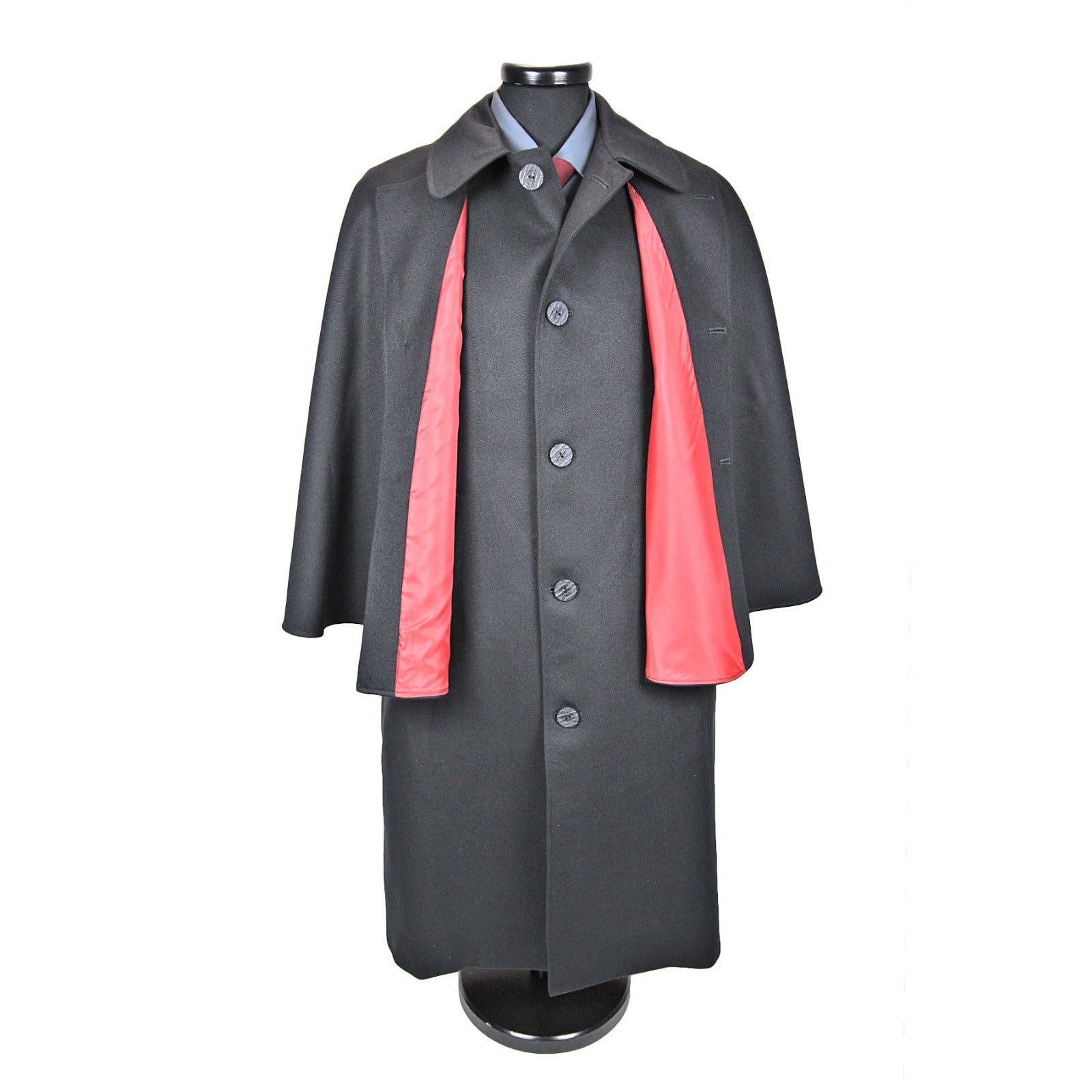 Black barathea wool Inverness cape, red satin lining detail