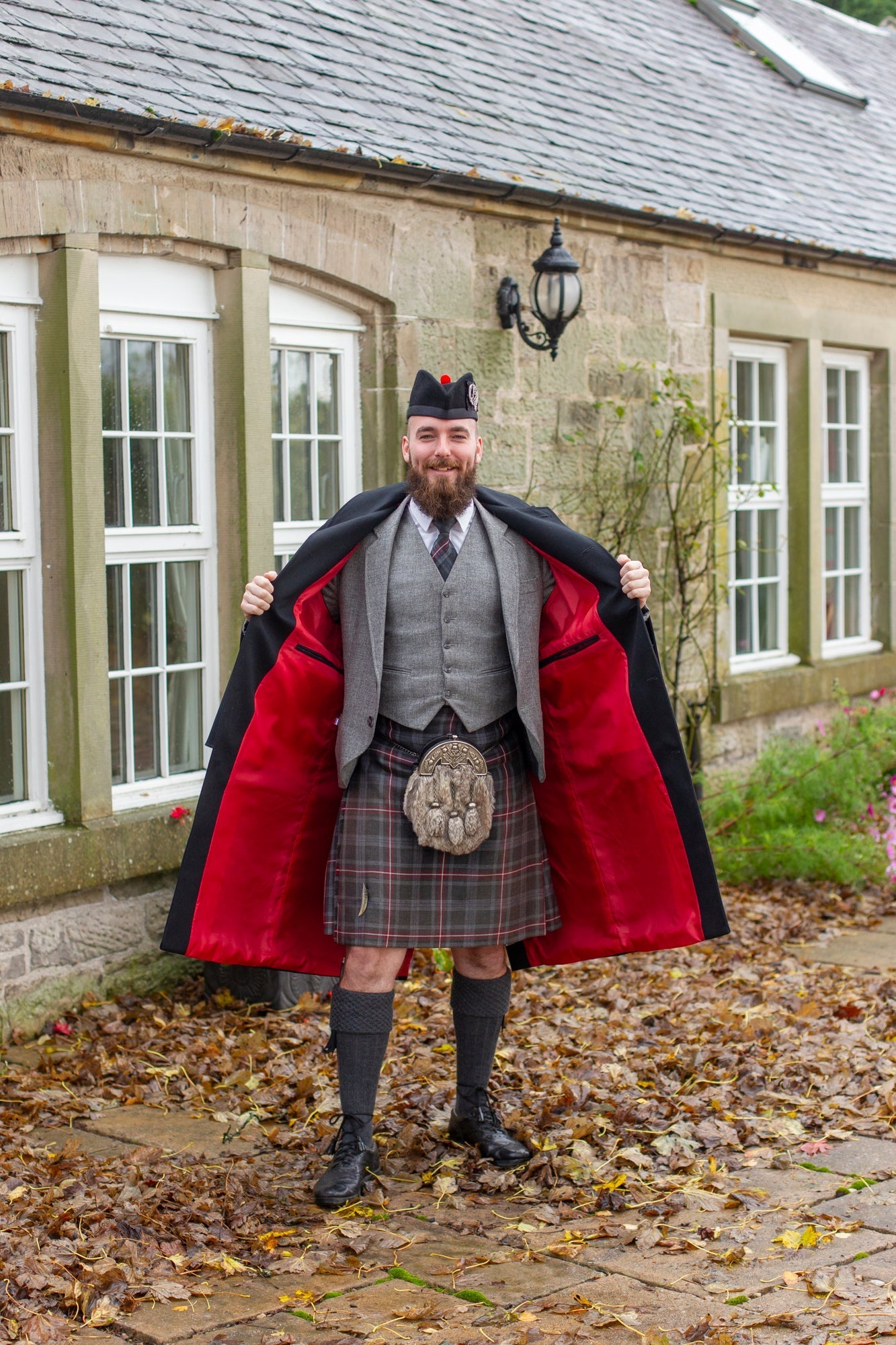 Black barathea wool Inverness cape, side view